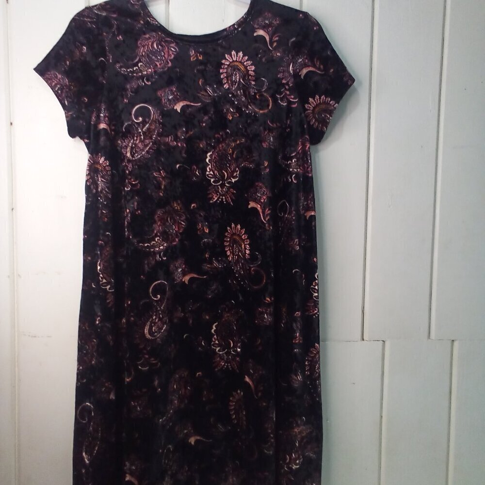 Poof Dress Women M Short Sleeve Velvet Paisley Pattern Black Pink